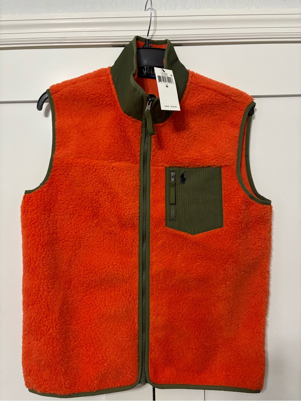 Polo by Ralph Lauren Orange Sherpa Vest with Olive Trim Pocket